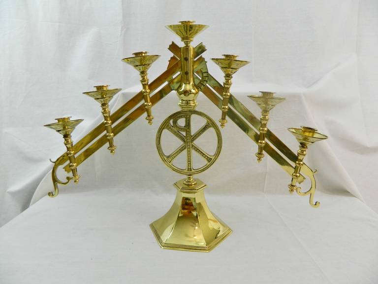 19th Century Polished Brass Pair of Adjustable Seven-Arm Menorah or Candlesticks In Excellent Condition In Savannah, GA