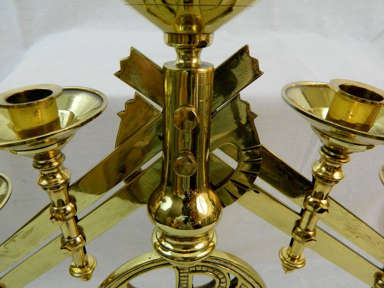 19th Century Polished Brass Pair of Adjustable Seven-Arm Menorah or Candlesticks 3