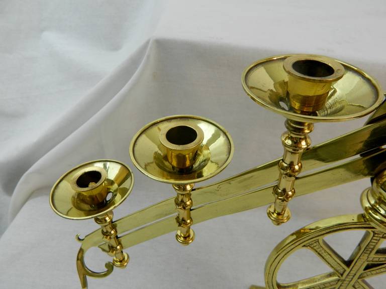 19th Century Polished Brass Pair of Adjustable Seven-Arm Menorah or Candlesticks 4