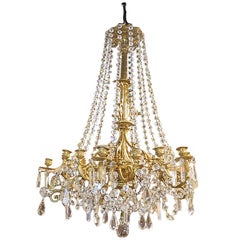 French Bronze Dore Eighteen Candle Chandelier with Crystals, 19th Century