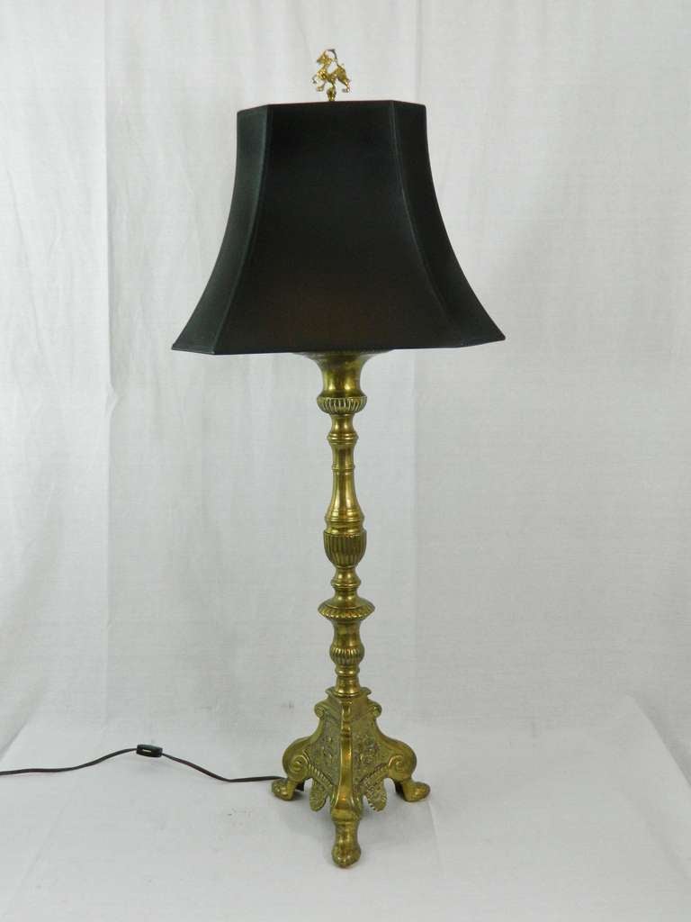 English Pair of 19th Century Brass Extra Tall Candlestick Lamps