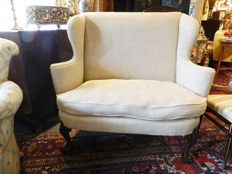 Late 19th/Early 20th century English mahogany settee or sofa ending in ball and claw feet. Upholstered high back and seat with scrolled arms. Raised on four acanthus-carved cabriole legs. Down cushion insert seat.