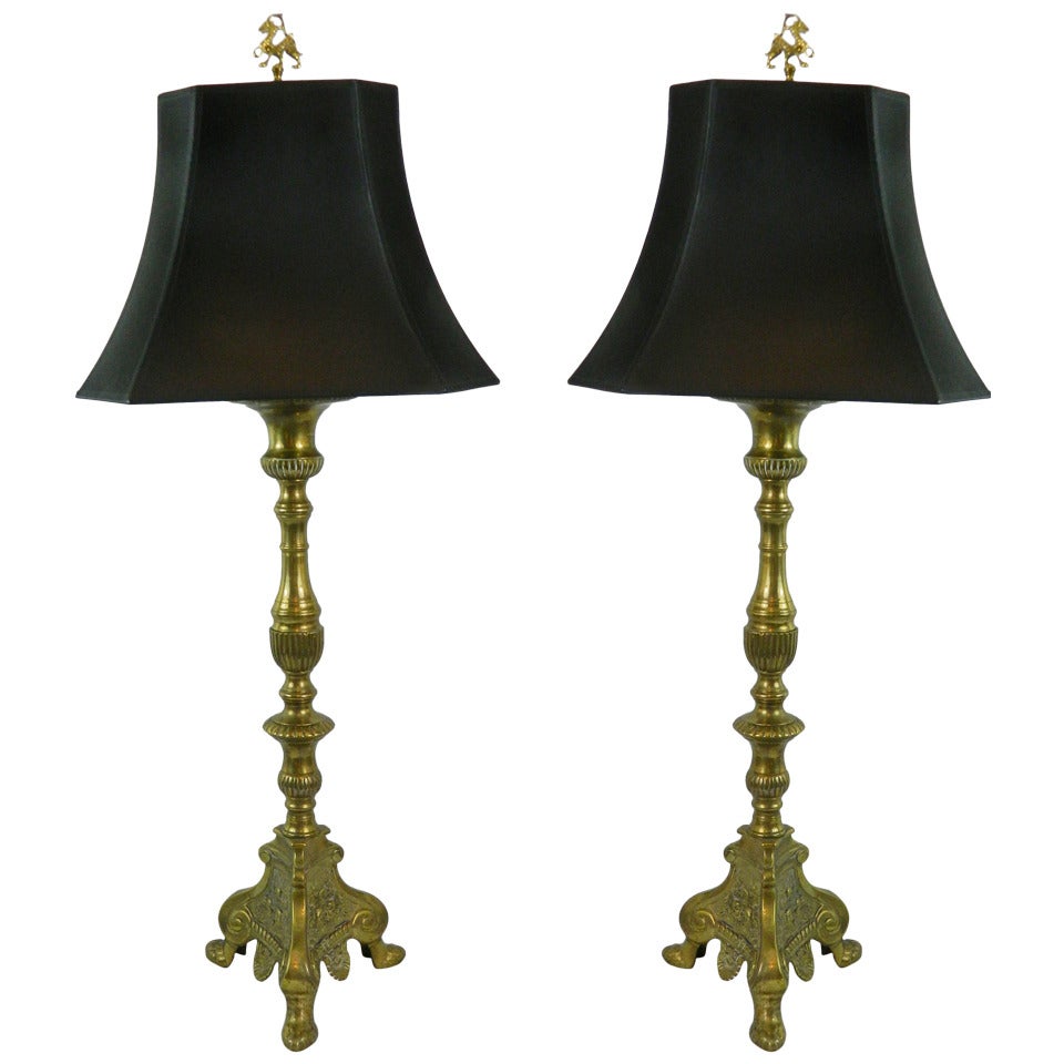 Pair of 19th Century Brass Extra Tall Candlestick Lamps