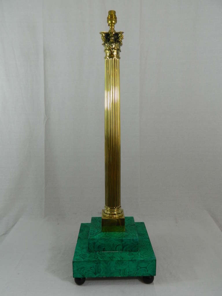 19th century pair of brass column lamps with faux Malakite bases. US wired.