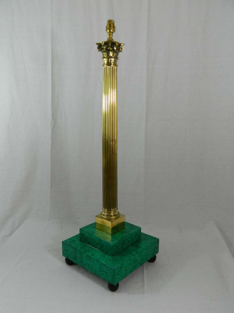 Pair of Brass Column Lamps with Faux Malakite Bases, 19th Century For Sale 5