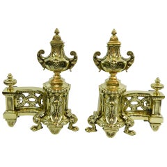 Antique 19th Century Pair of Brass Chenets or Andirons with Urn Decorations