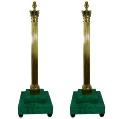 Antique Pair of Brass Column Lamps with Faux Malakite Bases, 19th Century