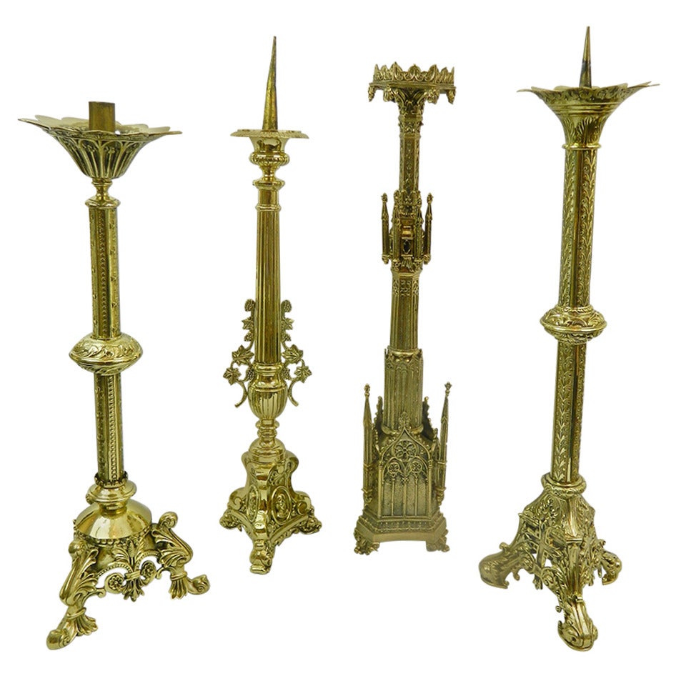 19th Century Polished Brass Decorative Prickets or Candlesticks