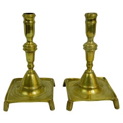 18th Century Pair of French Brass Candlesticks with Square Bases