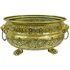 19th Century Polished Brass Reticulated Jardiniere or Planter with Lion Handles