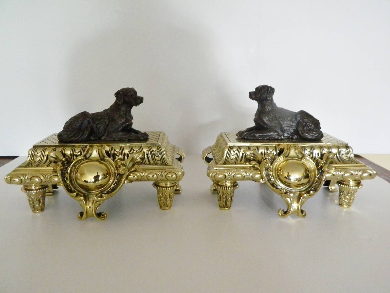 French Pair of Chenets or Andirons Depicting Bronze Hunting Dogs, 19th Century