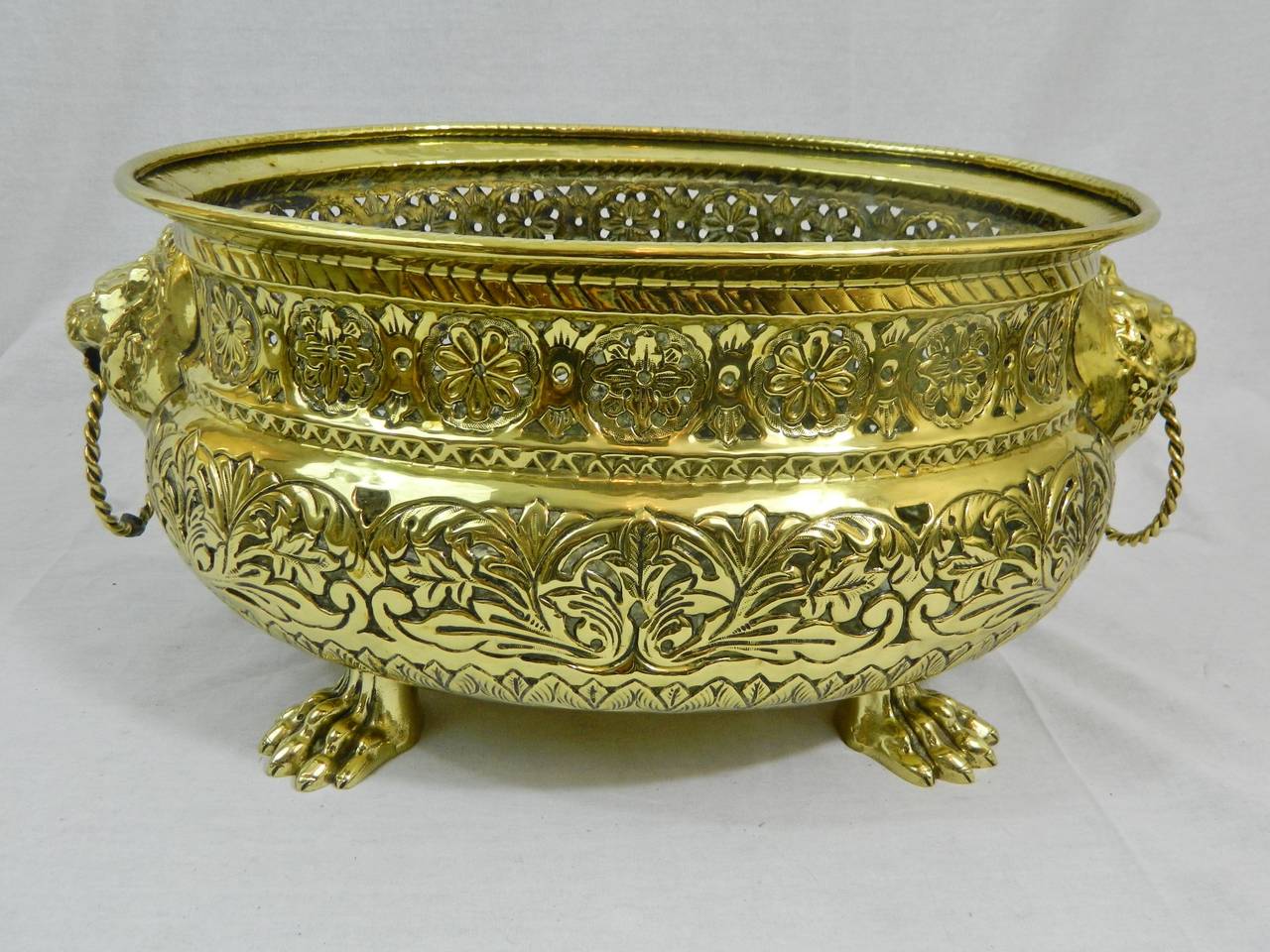 19th Century Polished Brass Reticulated Jardiniere or Planter with Lion Handles