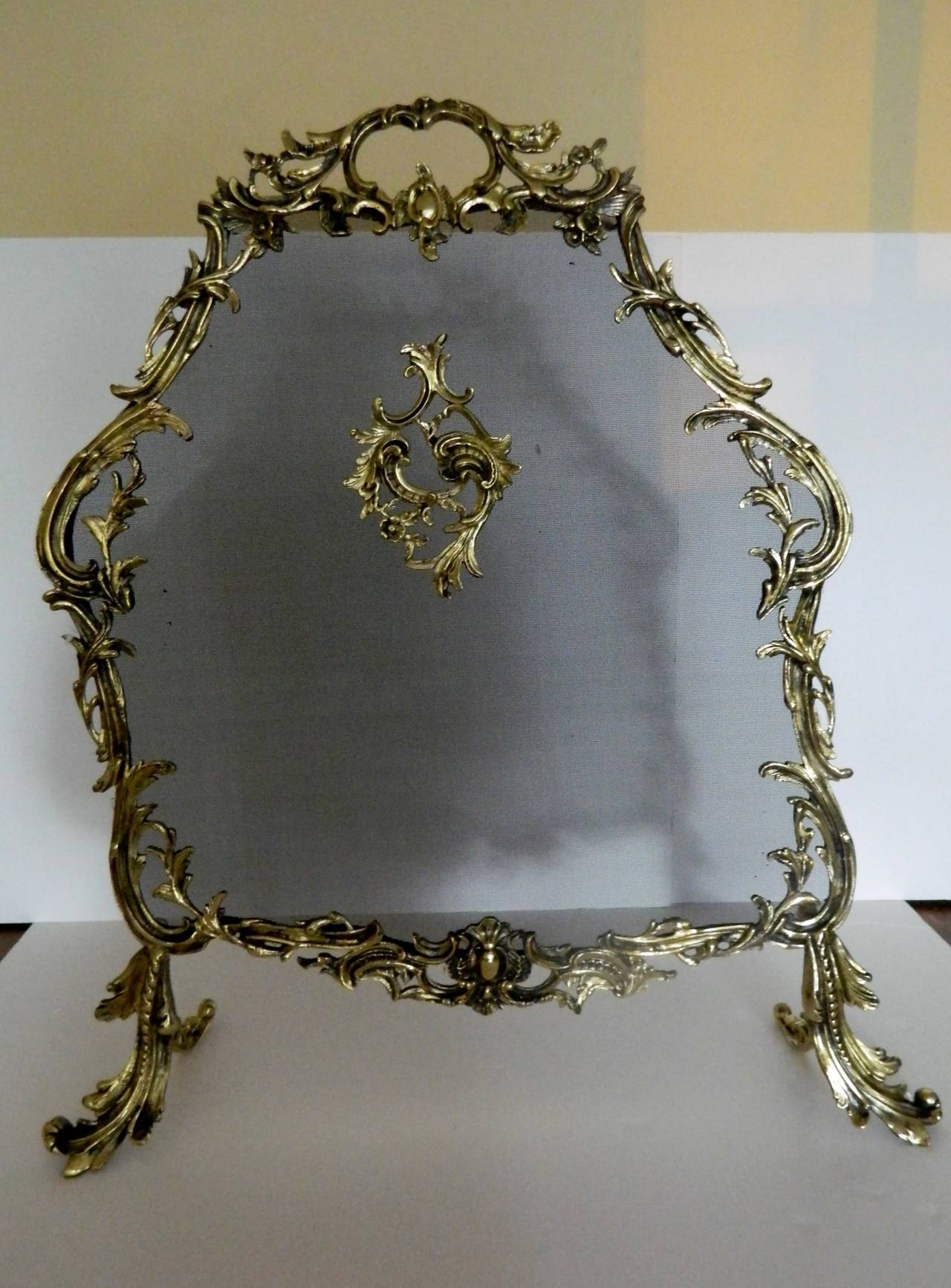 19th Century French Polished Brass Fire Screen Adorned with a Center Flower and Shell