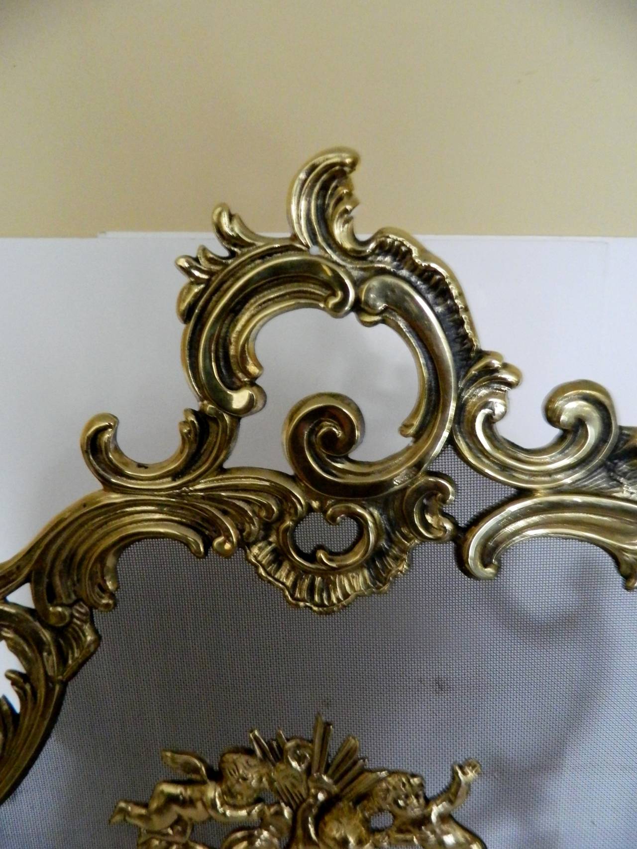 Brass French Fire Screen Adorned with Cherubs, 19th Century