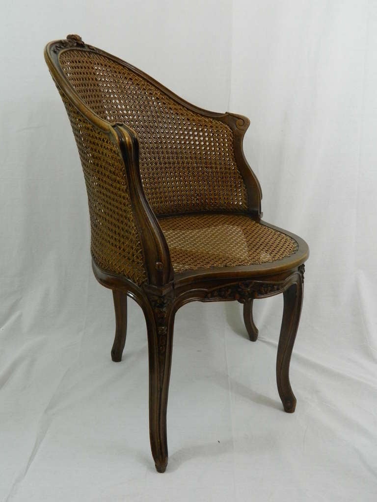 French 20th Century Louis XV Style Walnut Caned Corner Chair or Fauteuil de Bureau