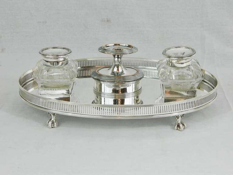 19th Century English Sheffield Silver Ink Stand or Ink Well with Original Cut Glass Inkwells and sealing wax candle holder.  Hallmark 