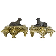 French Pair of Chenets or Andirons Depicting Bronze Hunting Dogs, 19th Century