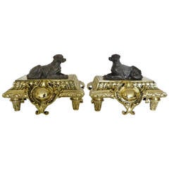 French Pair of Chenets or Andirons Depicting Bronze Hunting Dogs, 19th Century 10