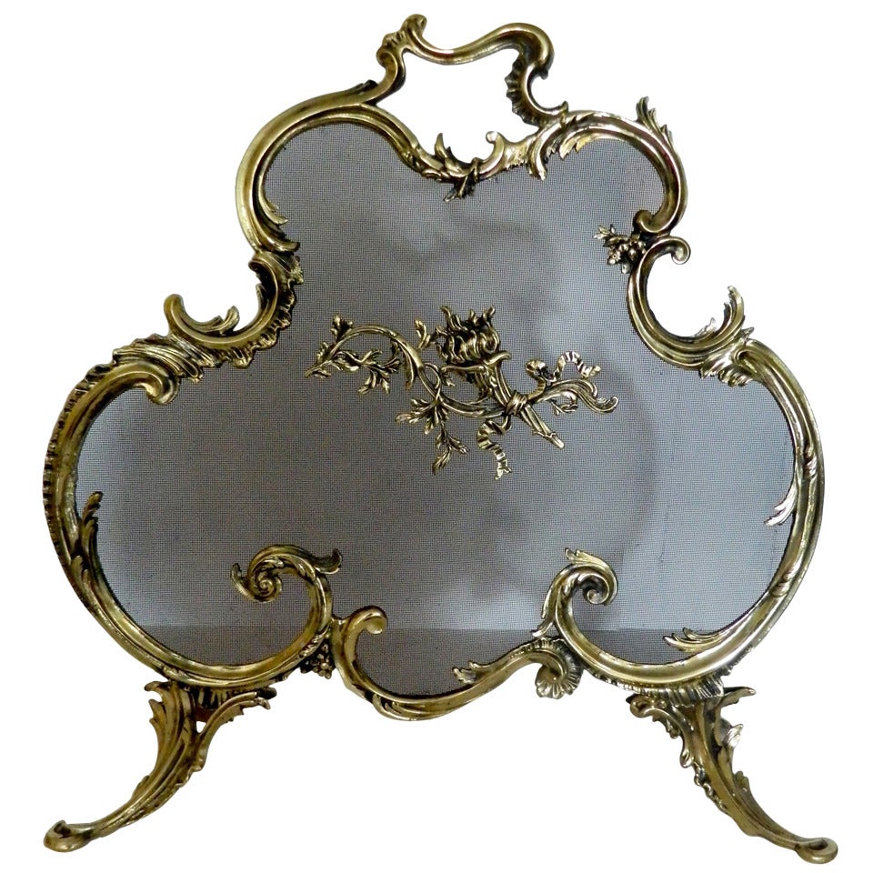 French Brass Fire Screen Adorned with a Fire Cheriot, 19th Century
