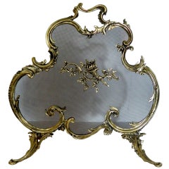 Antique French Brass Fire Screen Adorned with a Fire Cheriot, 19th Century