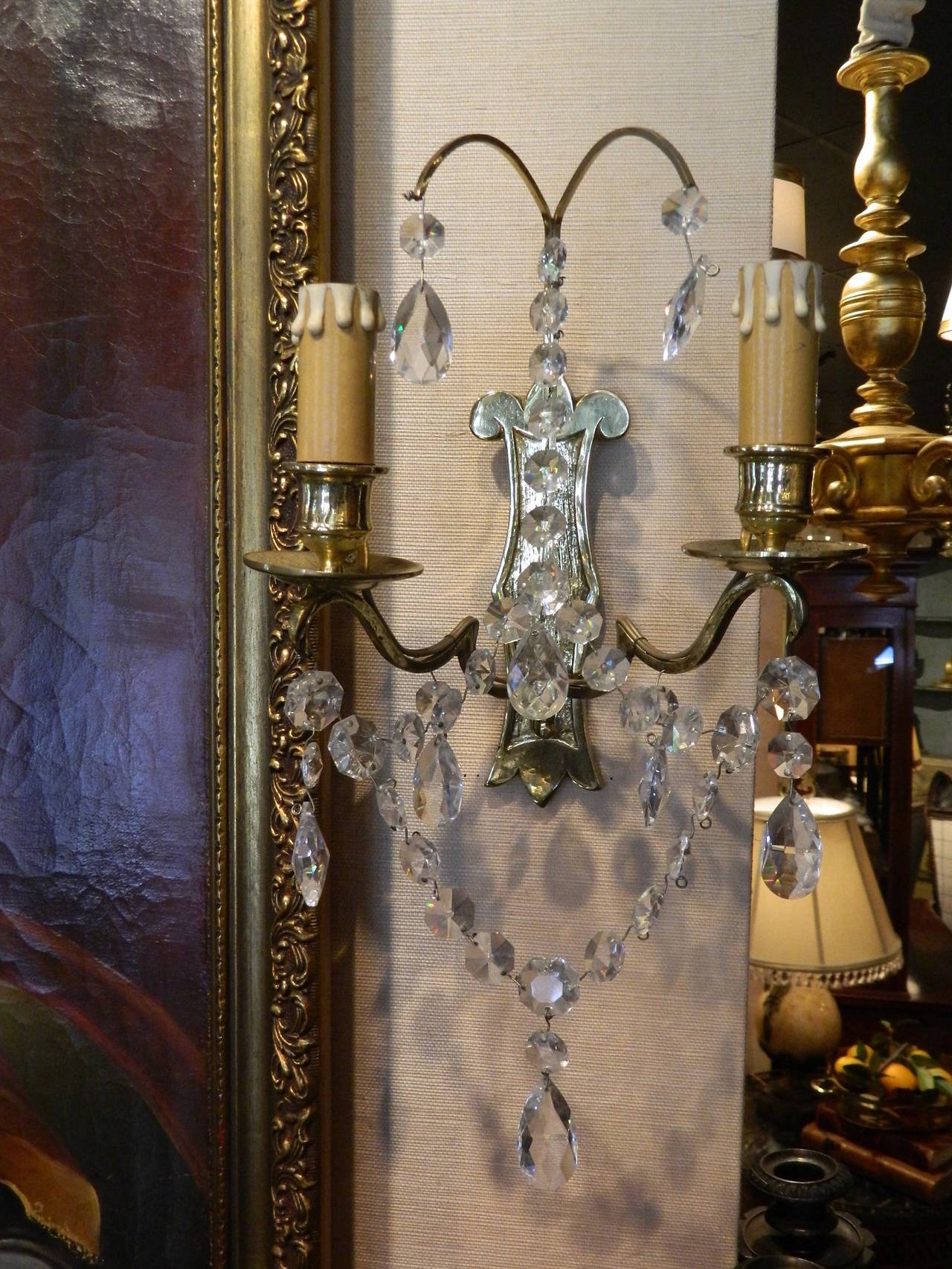 19th Century Set of Four Louis XVI Style Two Light Cut Glass and Brass Wall Sconces
