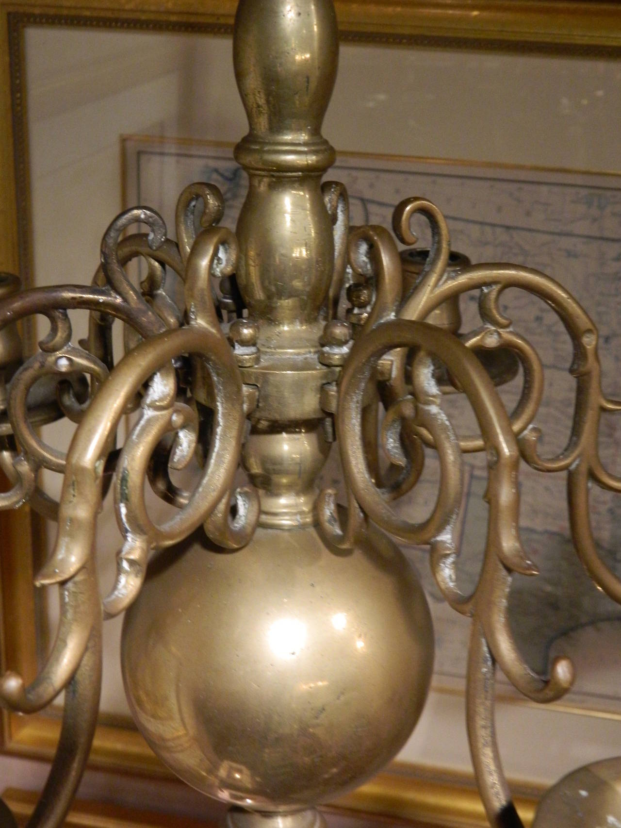 English Early 19th Century Dutch Style Brass Six Light Pegged Chandelier