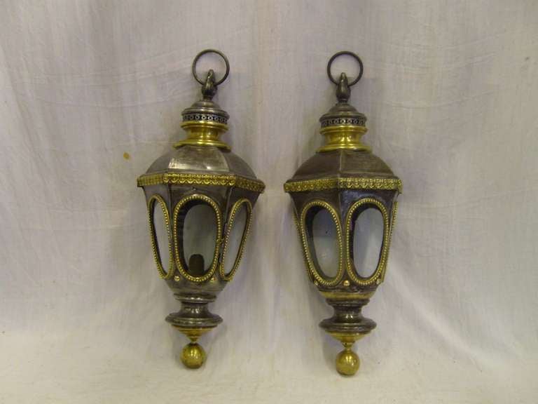 Pair of 19th Century Italian Tole Lanterns with Brass Mounts and Window Panels