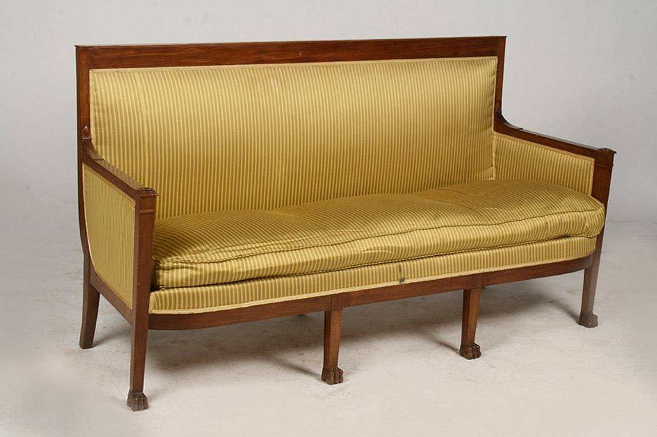 French Directoire Style Upholstered Sofa with Claw Feet, 19th Century