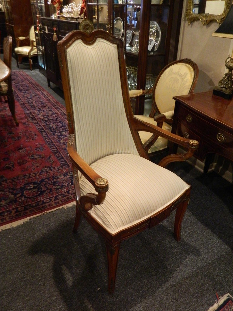 Pair of Italian Ormolu Mounted Neoclassical Influenced Beech Armchairs with Sabre Legs and Parquetry Inlays, Early 20th Century.  Newly Upholstered