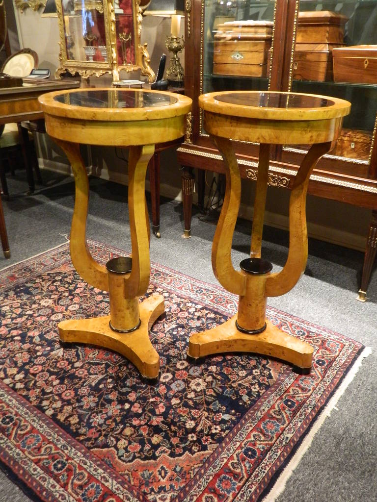 Early 20th century pair of Biedermeier style pedestals with ebonized wood tops.