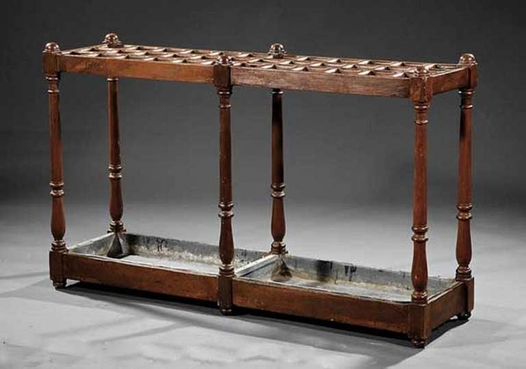 19th Century English Beechwood Large Umbrella or Stick Stand, latticework top, blocked and baluster turned supports, base with zinc drip pans, and turned feet