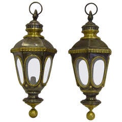 Pair of 19th Century Italian Tole Lanterns with Brass Mounts