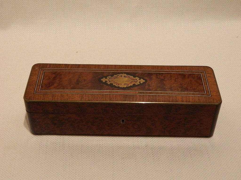 English Amboyna Burl Wood and Brass-Inlaid Glove Box