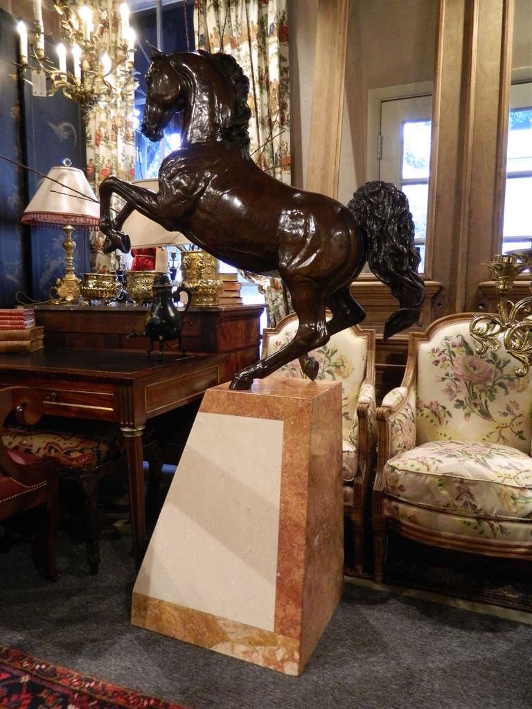 Italian 20th Century Bronze Model of a Rearing Horse on a Marble Stand