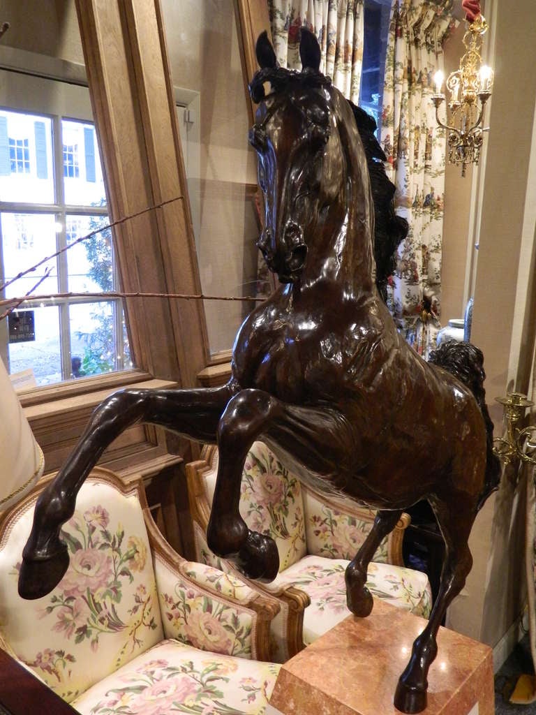 20th Century Bronze Model of a Rearing Horse on a Marble Stand In Excellent Condition In Savannah, GA