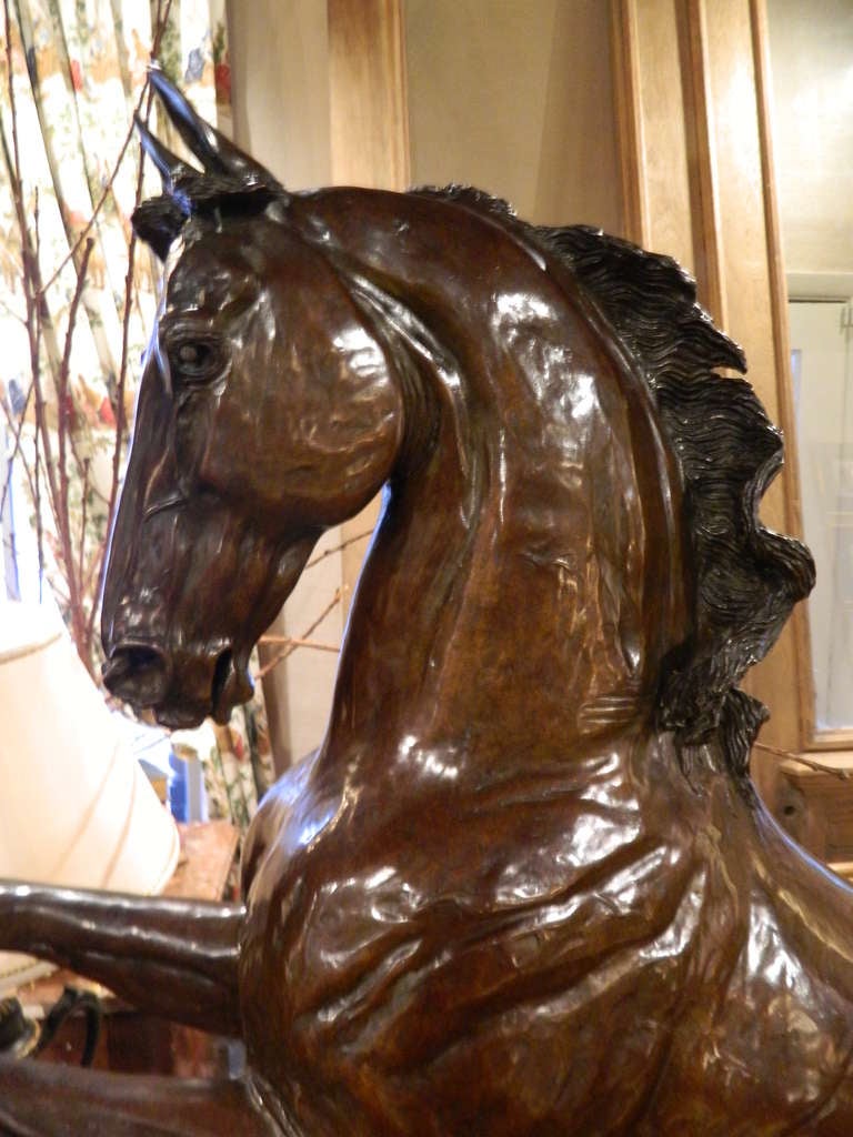 20th Century Bronze Model of a Rearing Horse on a Marble Stand 1