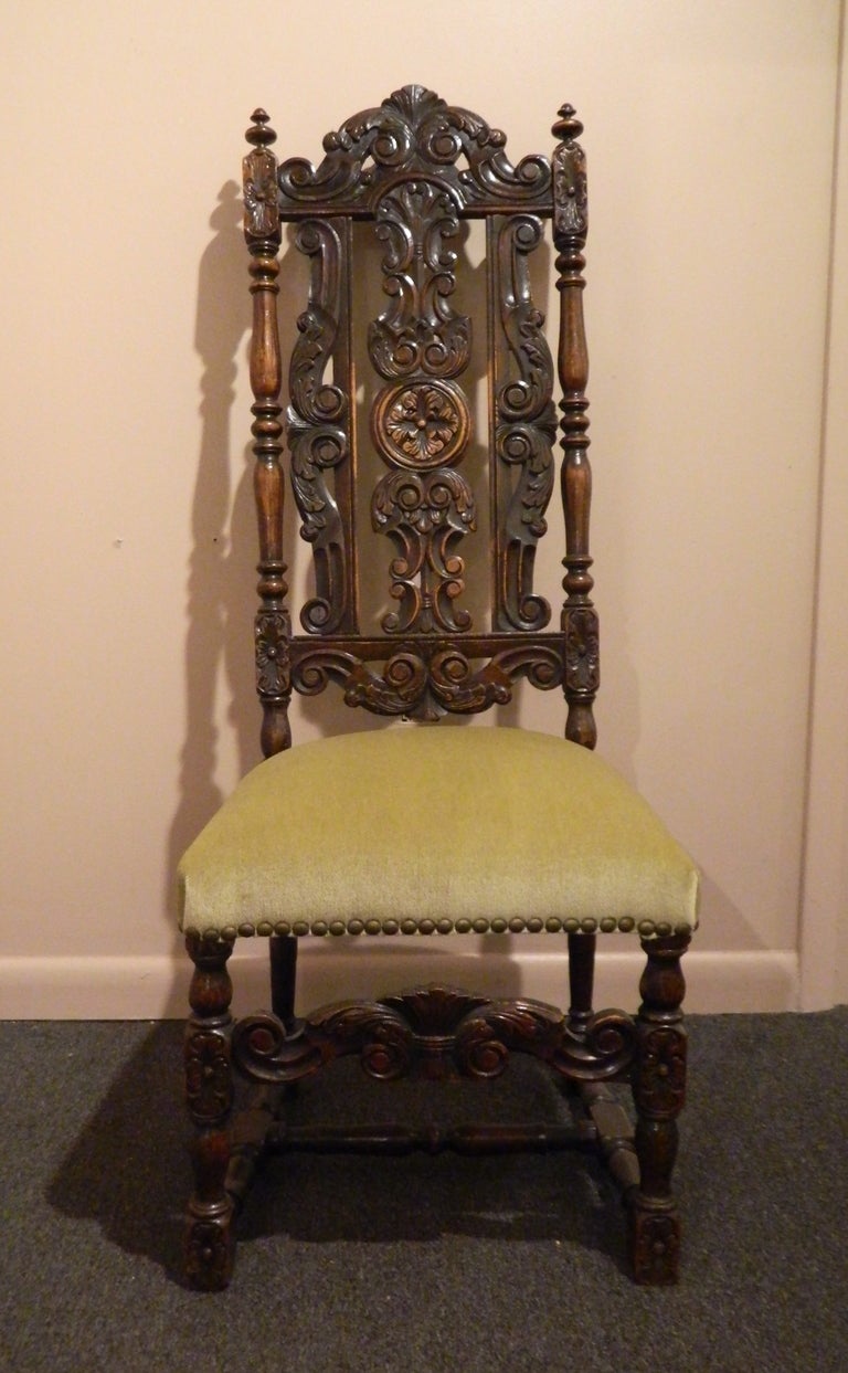 Pair of French Carved Walnut Hall Chairs and Upholstered in Mohair with Nail Head Trim, Circa 1840