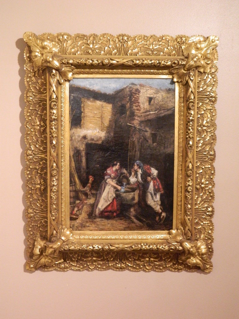 Framed Oil on Canvas Spanish School 'Romance at the Well', 19th Century In Good Condition For Sale In Savannah, GA