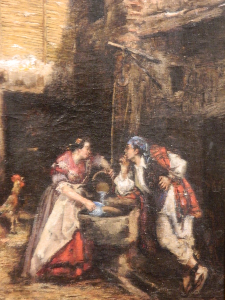 Framed Oil on Canvas Spanish School 'Romance at the Well', 19th Century For Sale 1
