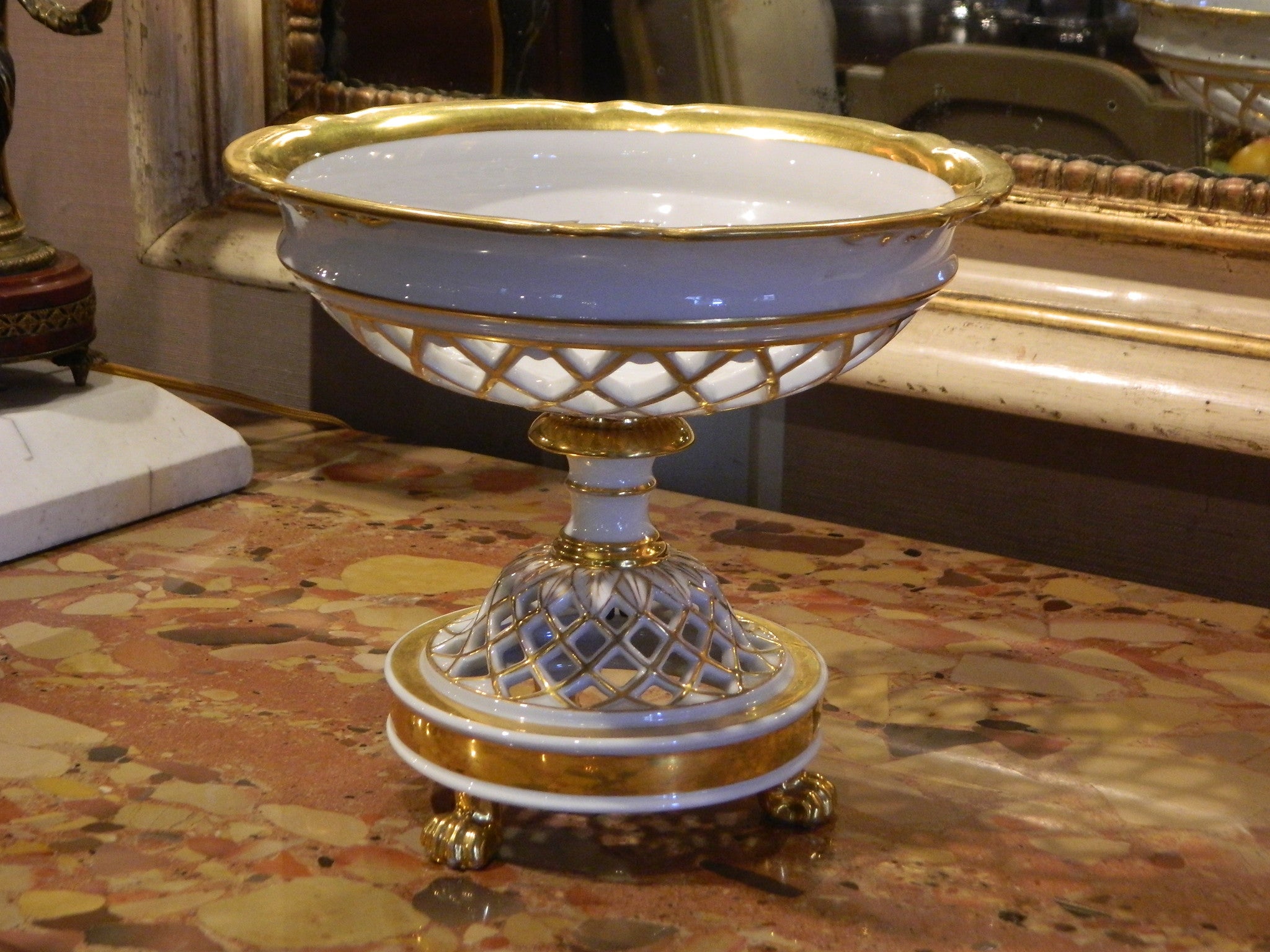 Old Paris Style Porcelain Reticulated Compote with Gold Detailing