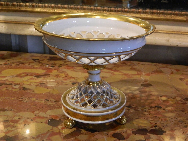 French Old Paris Style Porcelain Reticulated Compote with Gold Detailing