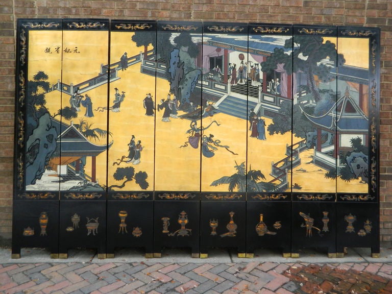 Antique Dual Sided Eight Panel Chinese Black Lacquer on Wood Screen.  One Side Depicts One of the Four Great Chinese Masterpieces depicting a Love Story when the Bride Returns to her Home to Visit after Marrying the King.  Back Side Depicts a