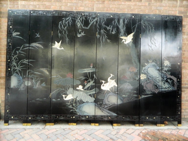 Antique Dual Sided Eight Panel Chinese Black Lacquer on Wood Screen 2