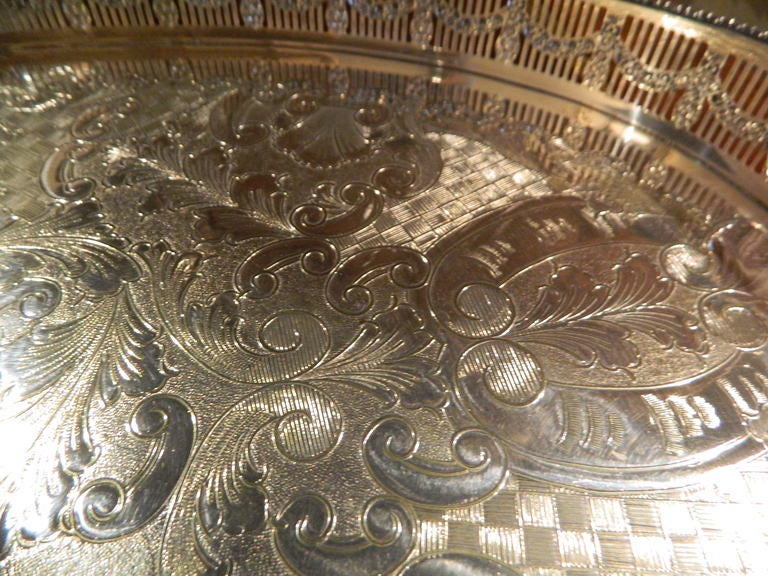 English Chased Silver Tray with Pierced Gallery 2