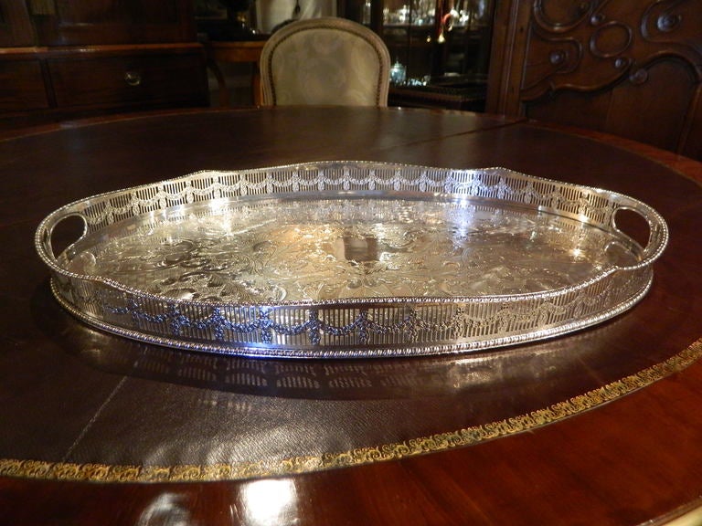 English Chased Silver Tray with Pierced Gallery .  Hallmark 