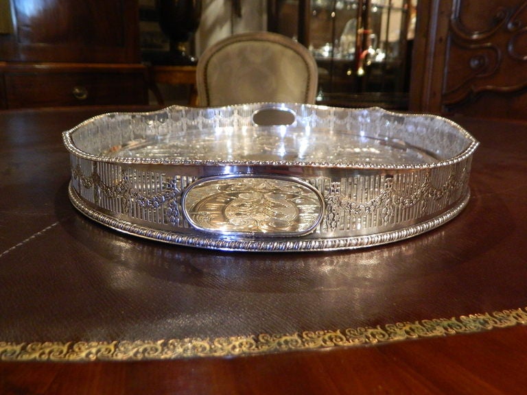 English Chased Silver Tray with Pierced Gallery In Excellent Condition In Savannah, GA
