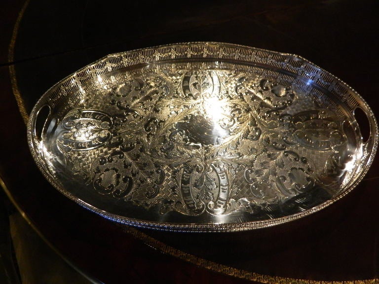 Silver Plate English Chased Silver Tray with Pierced Gallery