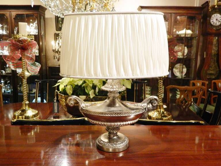 English Circa 1920's Silver Lamp with a Custom Silk Shade