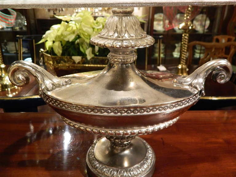 Circa 1920's Silver Lamp with a Custom Silk Shade In Excellent Condition In Savannah, GA