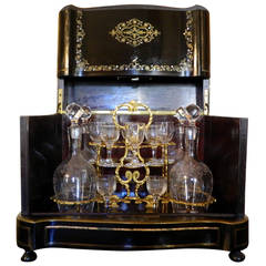 Antique French Boulle and Brass Inlay Tantalus Set or Liquor Cabinet, circa 1870